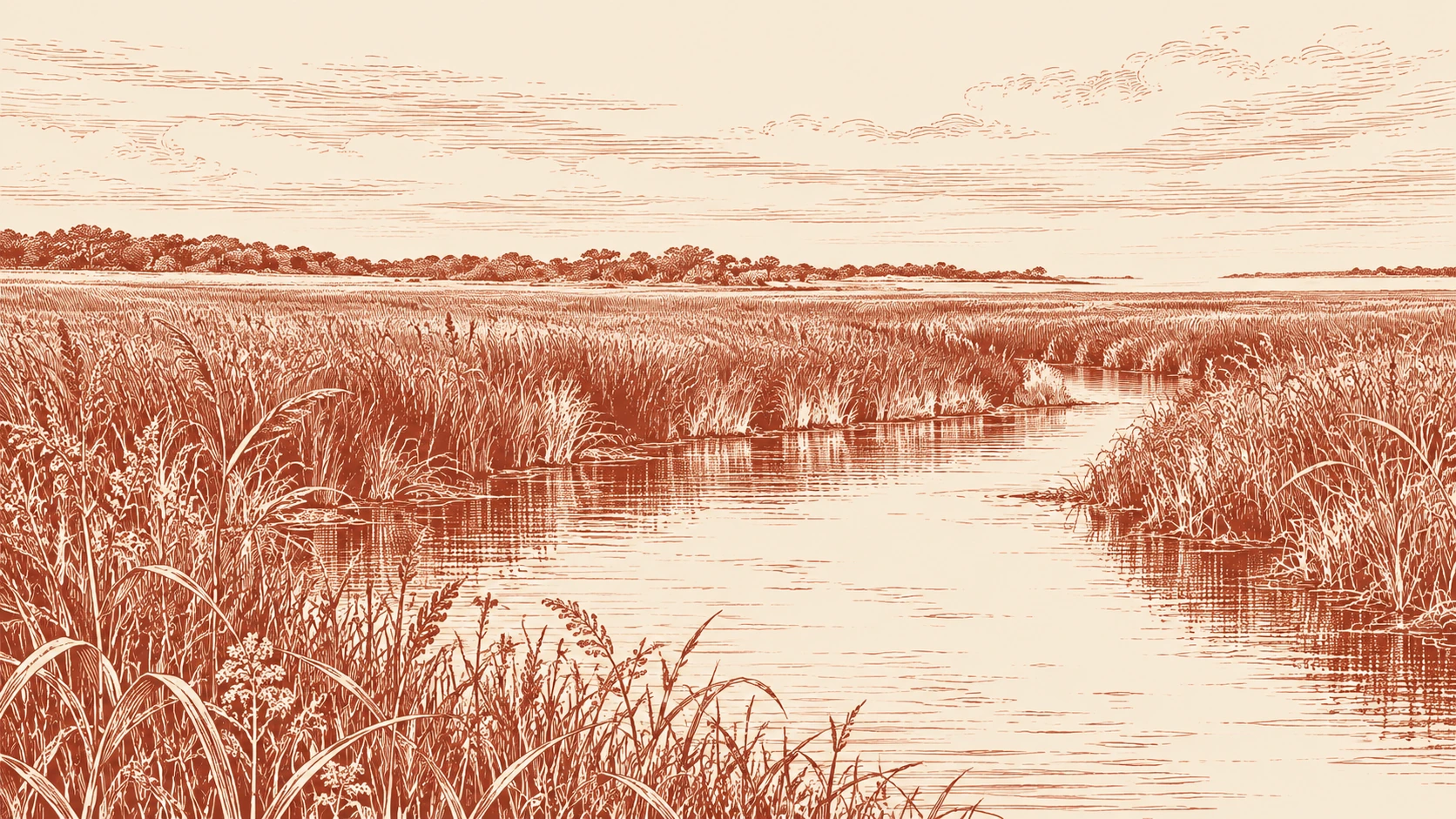 An engraved Chesapeake tidal marsh, with open water between banks of reeds