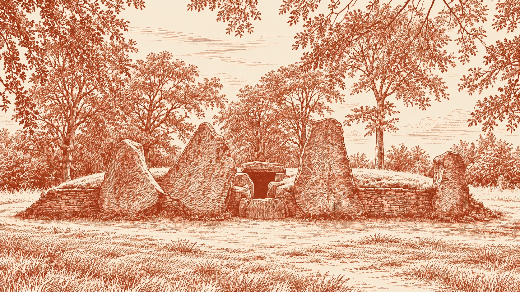 Brick-red woodcut of Weyland’s Smithy, with four irregular standing stones, a low stone façade, and a recessed central entrance beneath trees