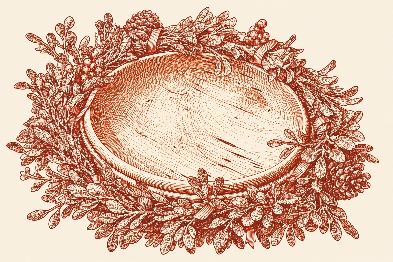 Brick-red woodcut of a shallow wooden bowl encircled by a wreath of leaves, berries, pinecones, and ribbons