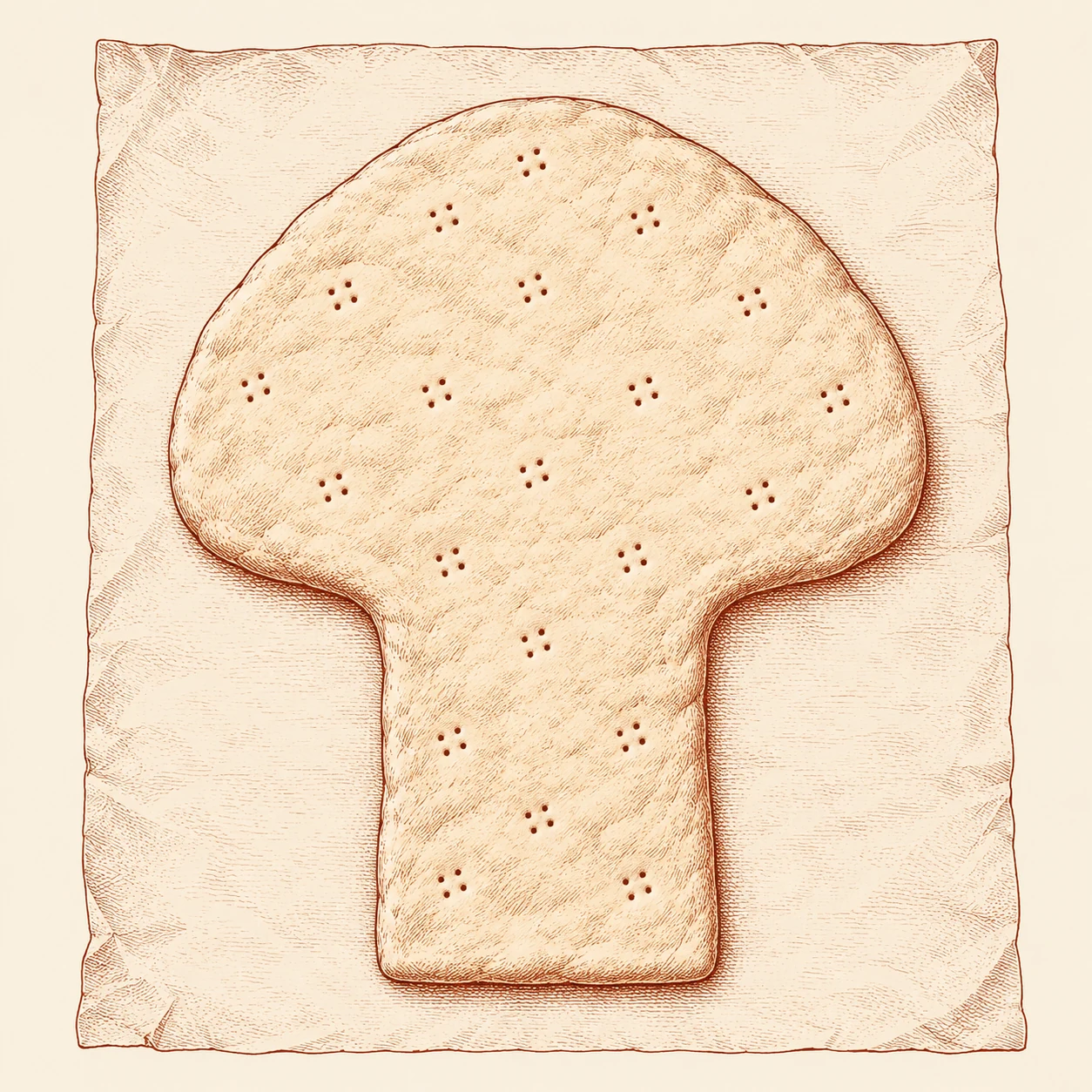 A flat, fork-pricked dough backing with a rounded fan-shaped head and narrow stem, centered on parchment.