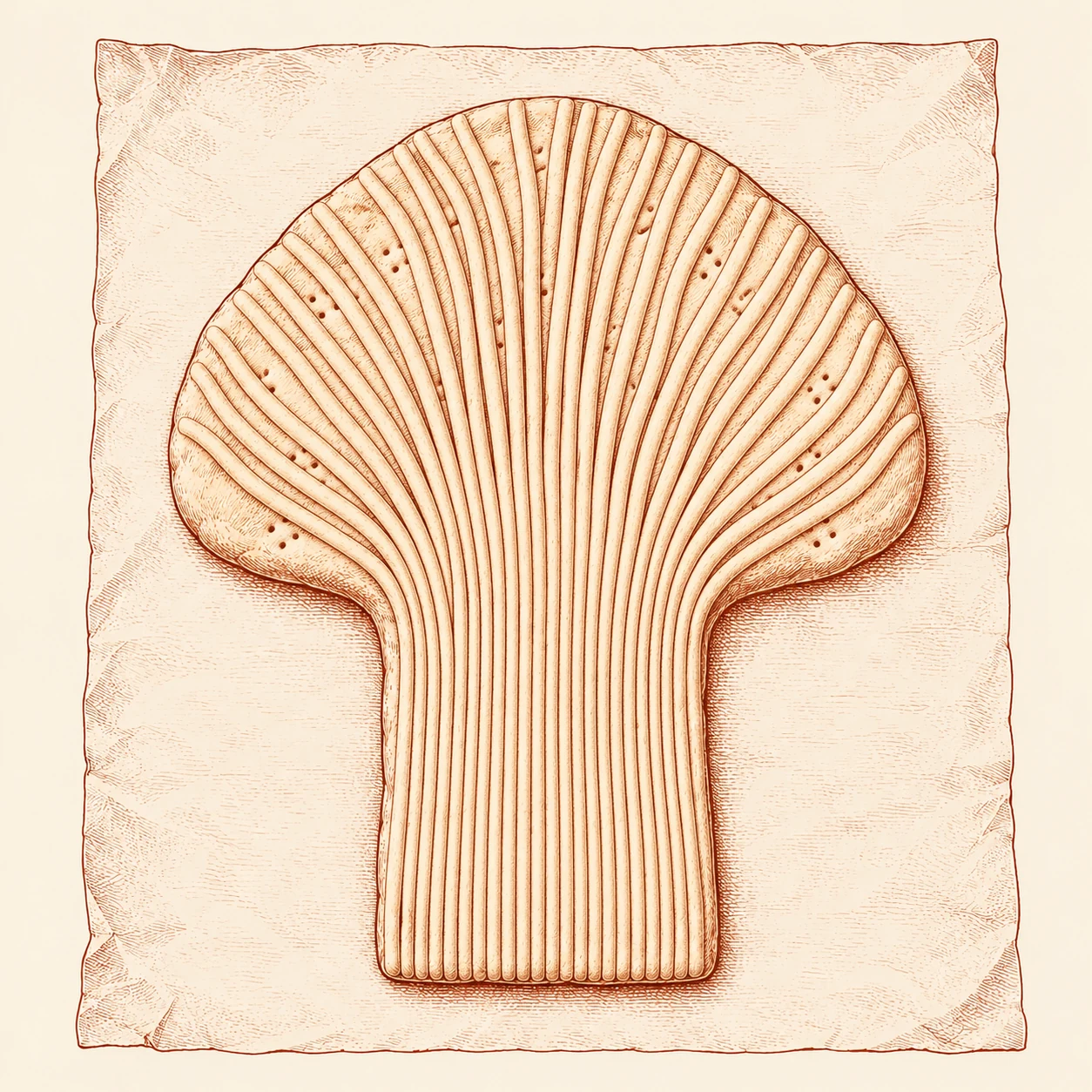The same backing with slender dough stalks laid over it, close together at the bottom and fanned out at the top.