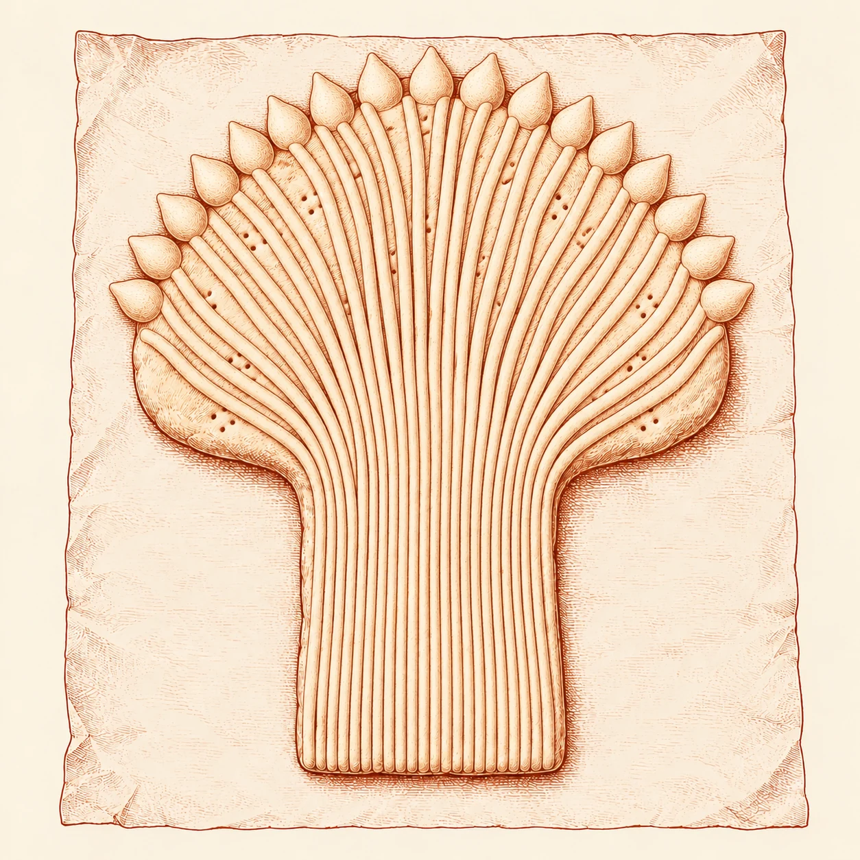 The same stalk-covered loaf with its first curved row of pointed, smooth dough ears around the outer edge; the center remains uncovered.