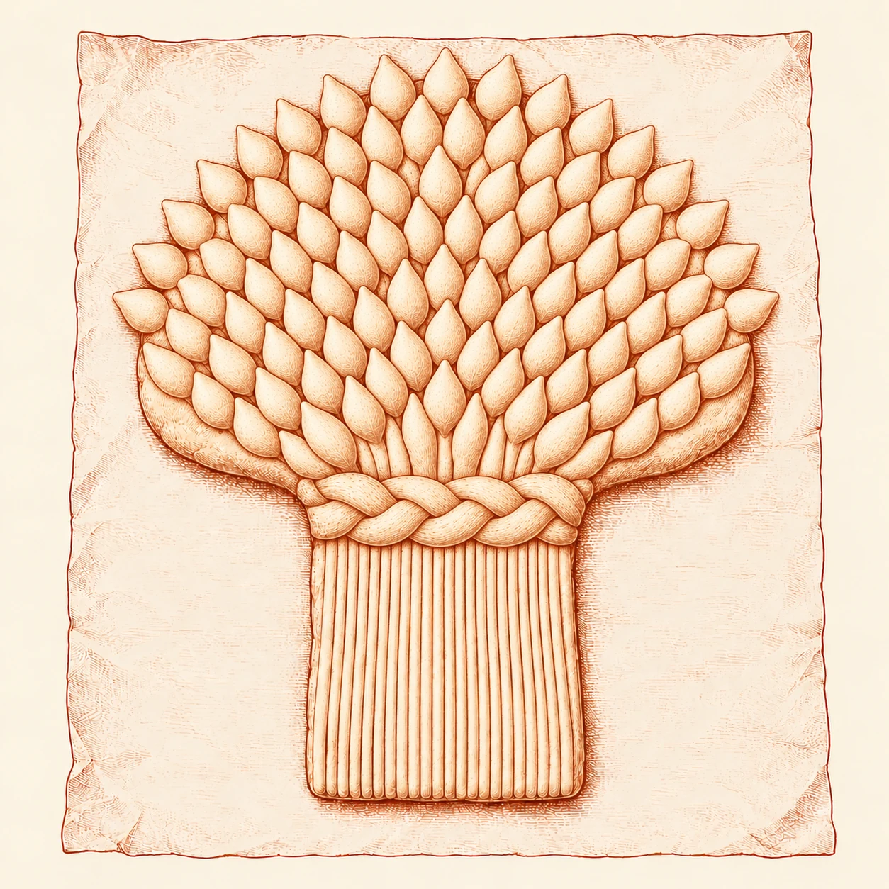The same loaf with overlapping rows of smooth ears filling the fan and a three-strand dough braid laid across the narrow waist.