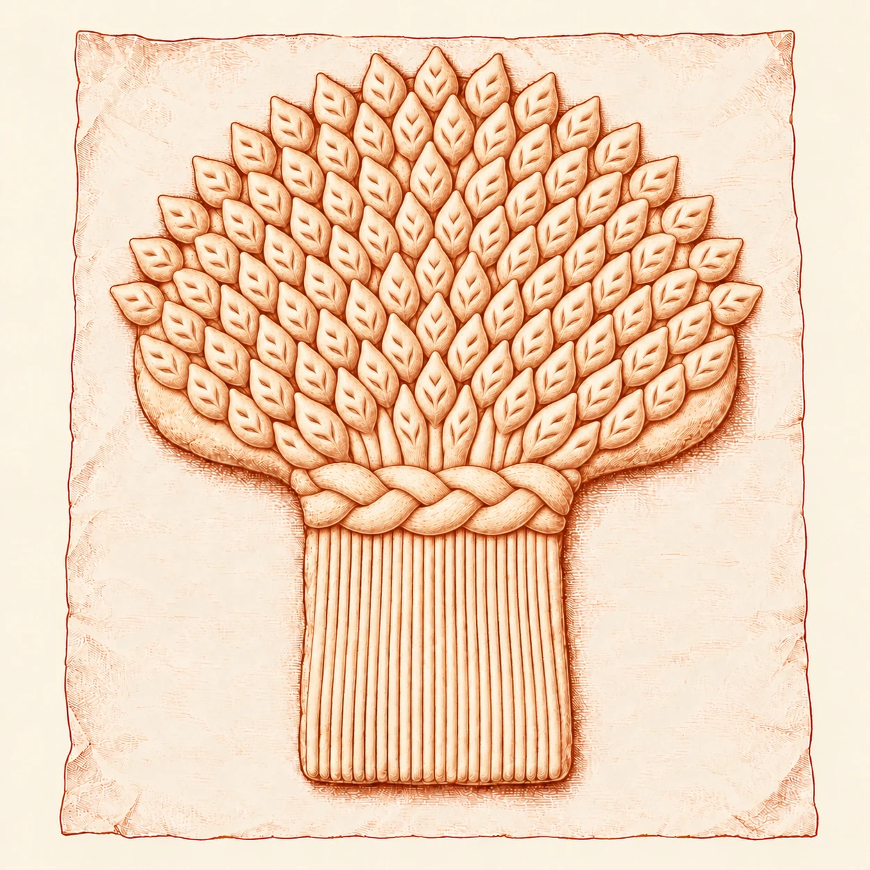 The same assembled sheaf after shallow scissor cuts have opened the surface of every ear into grain-like points; braid and stalks retain their positions.