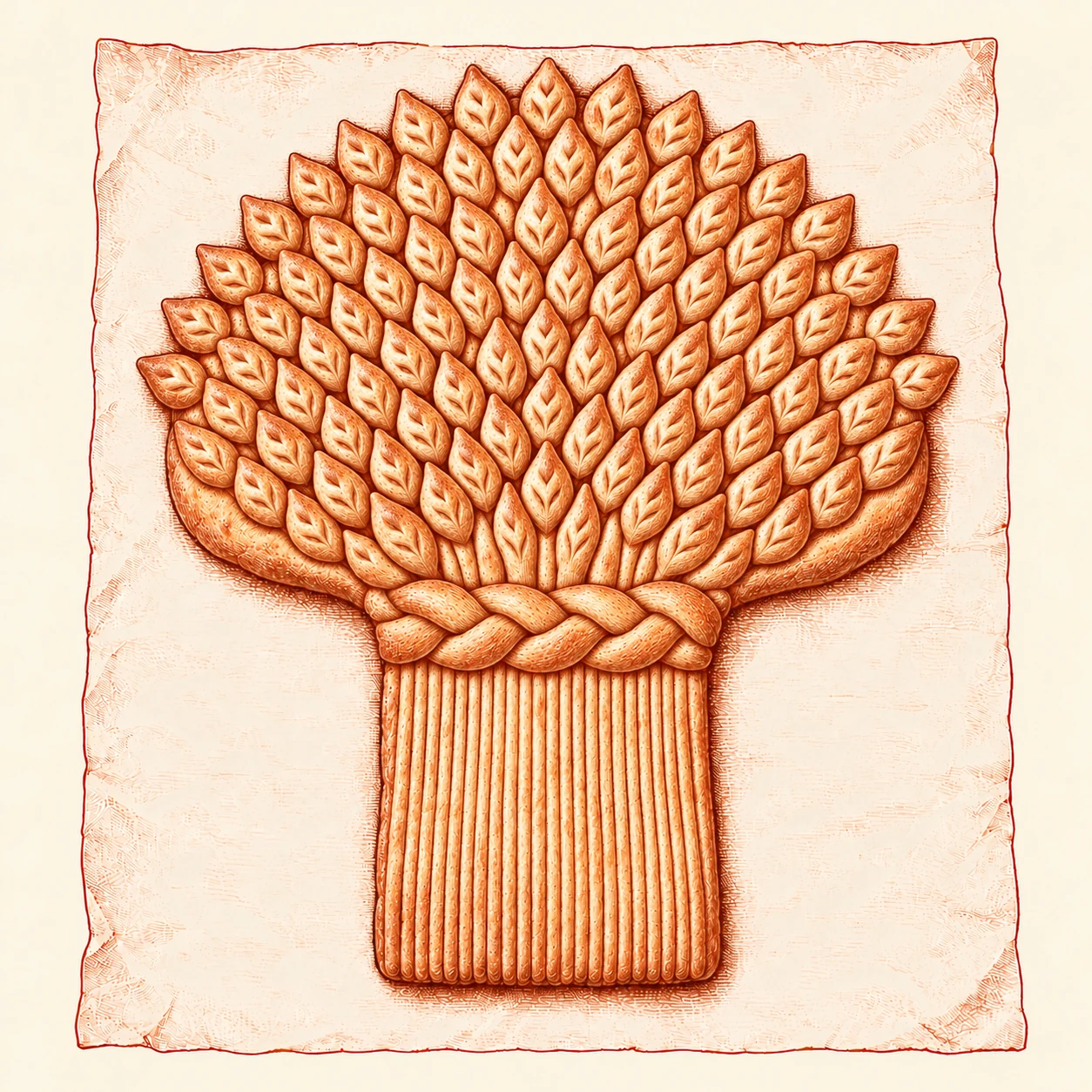 The same completed wheatsheaf after baking, slightly fuller and shaded more deeply, with its original grain rows, braid, and straight lower stalks intact.