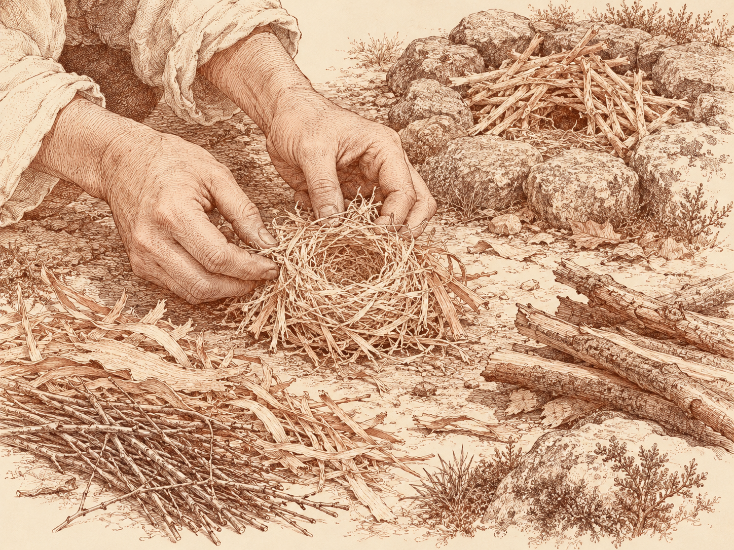 Hands shaping dry fibres into a tinder nest beside prepared kindling and an empty hearth.