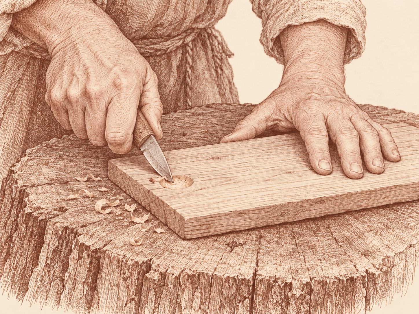 Hands carving a shallow depression near the edge of a wooden hearthboard.
