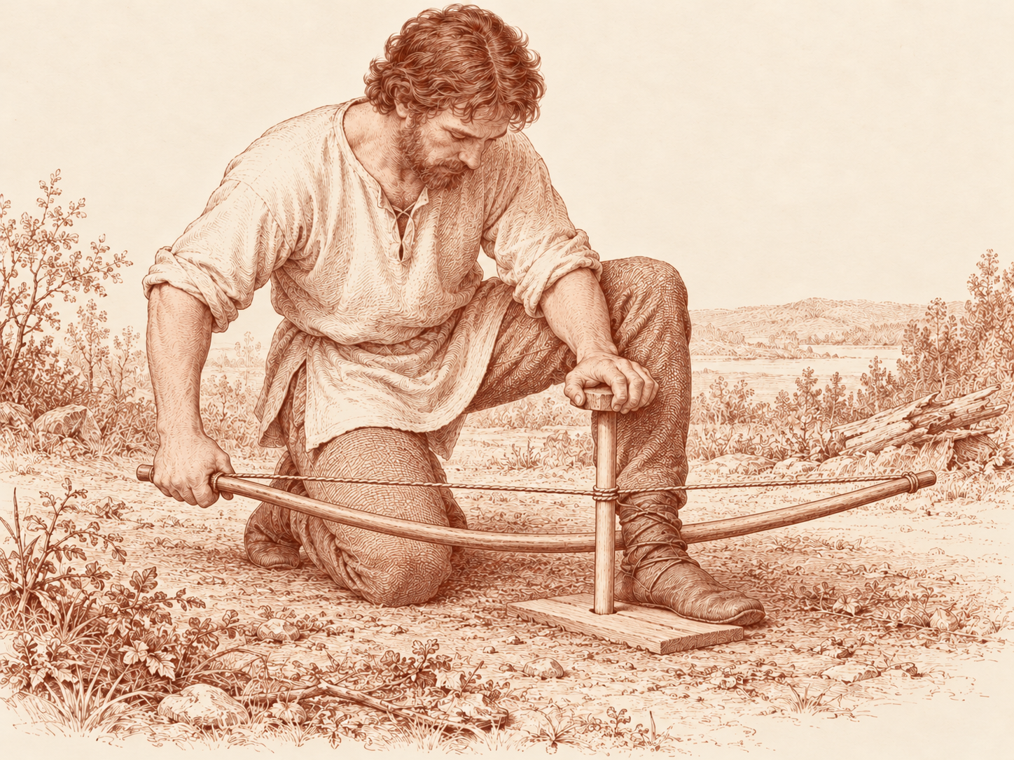 A kneeling fire-maker pins the board with one foot, holds the bearing block above the spindle and grips the fire-bow with the other hand.