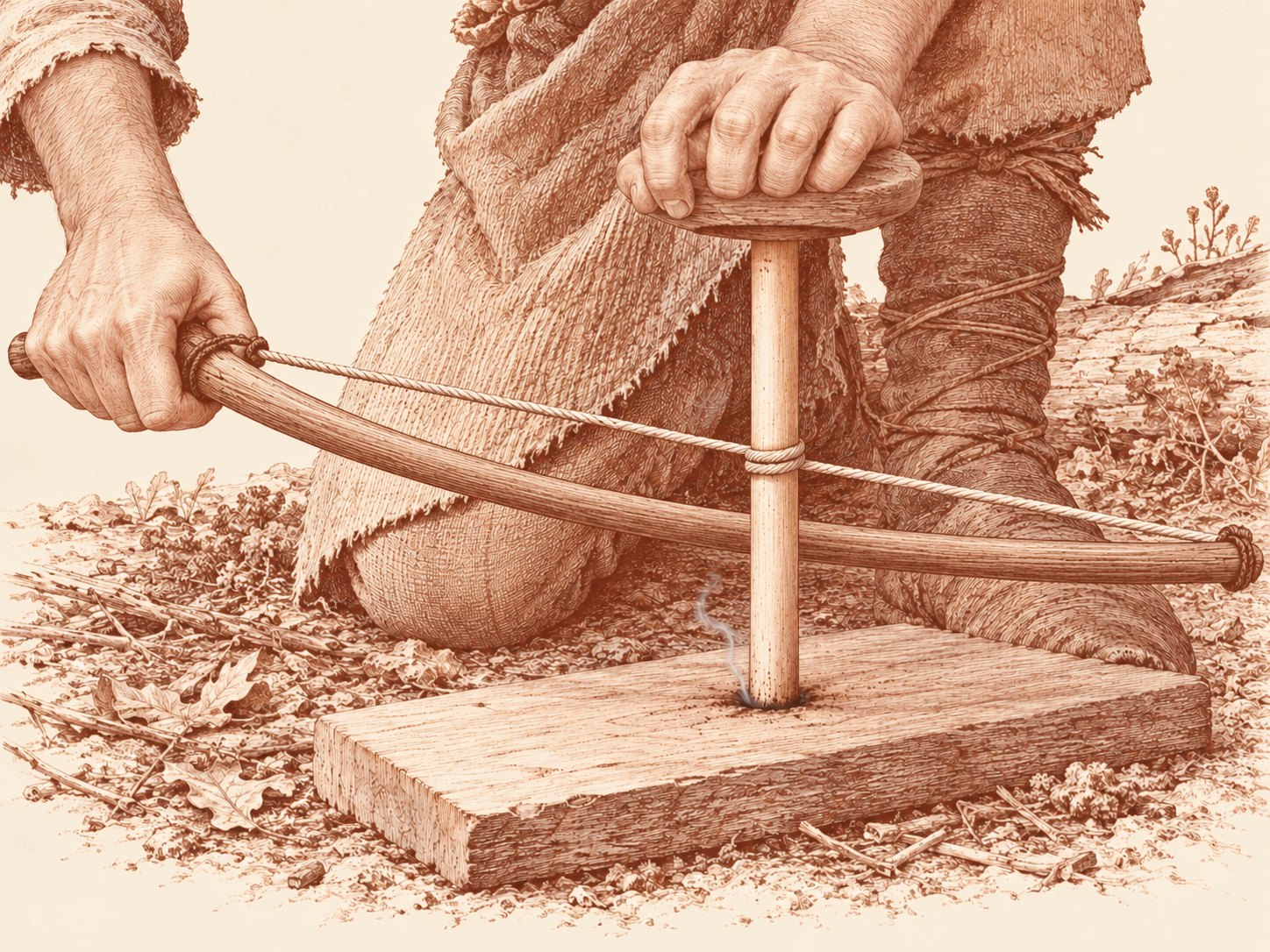 A bowstring turns the spindle in a darkened round socket while a hand holds the upper bearing block.