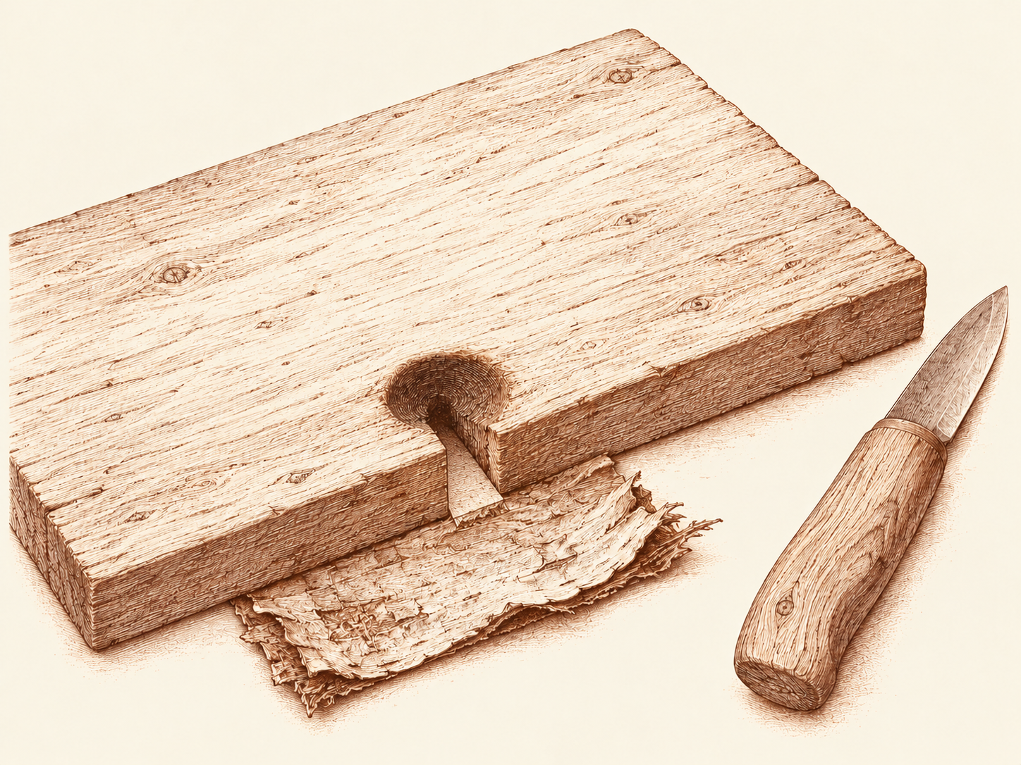 A hearthboard with a V-shaped opening from the burned socket to its edge and a bark catcher beneath.