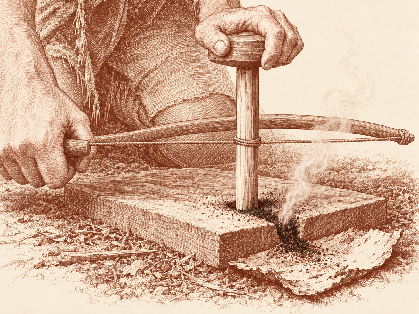 Smoke rises from a pile of dark dust beneath the notch as the fire-bow turns the spindle.