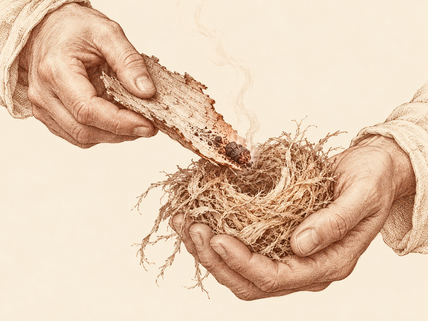 Hands tip a small smoking coal from bark into the fine centre of a tinder nest.