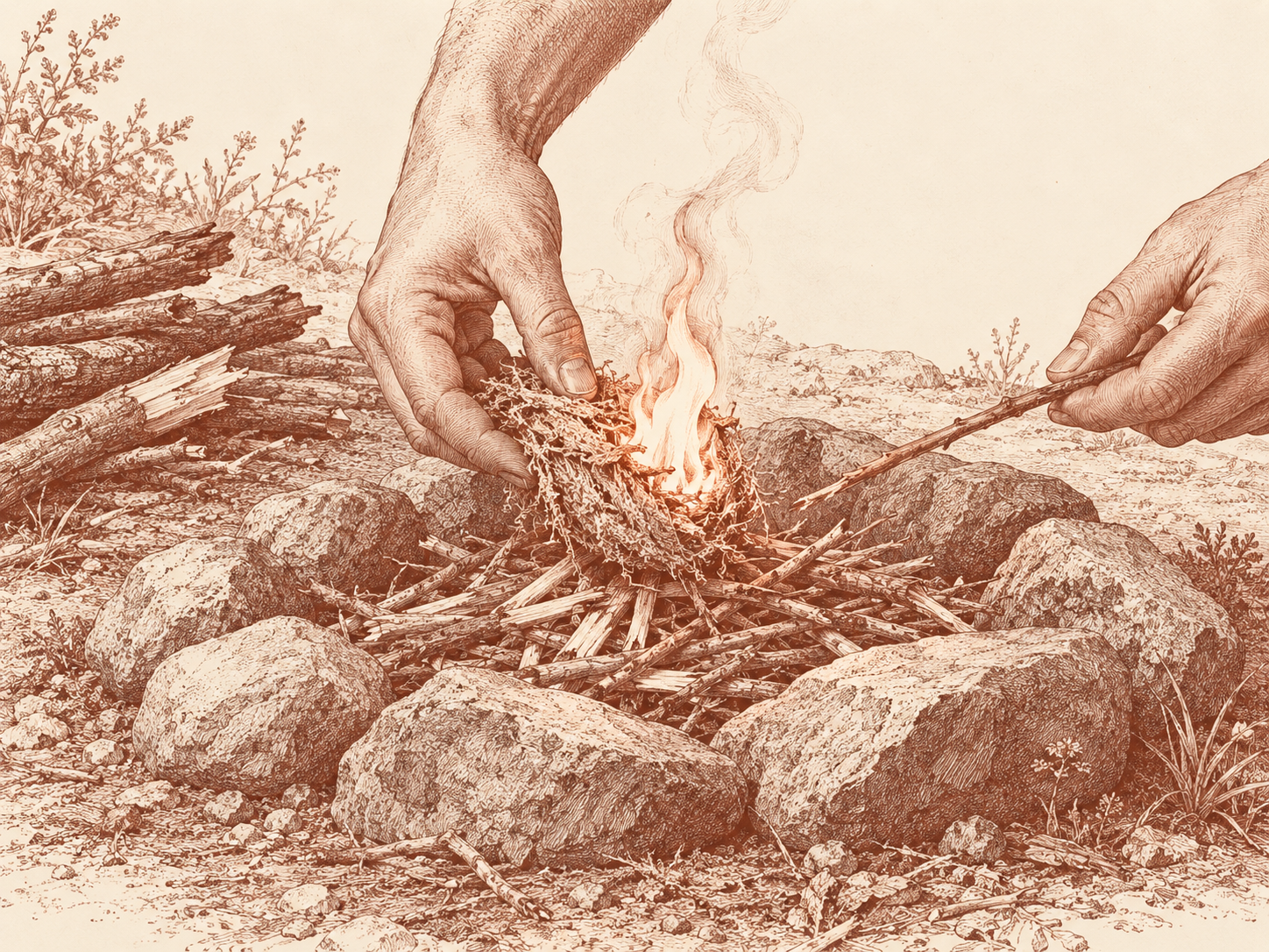 A hand lowers flaming tinder into prepared kindling while another offers a small twig.