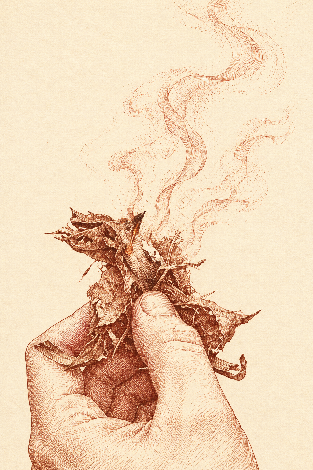A hand supporting smouldering tinder, with delicate smoke rising above it, drawn in brick-red ink on cream.