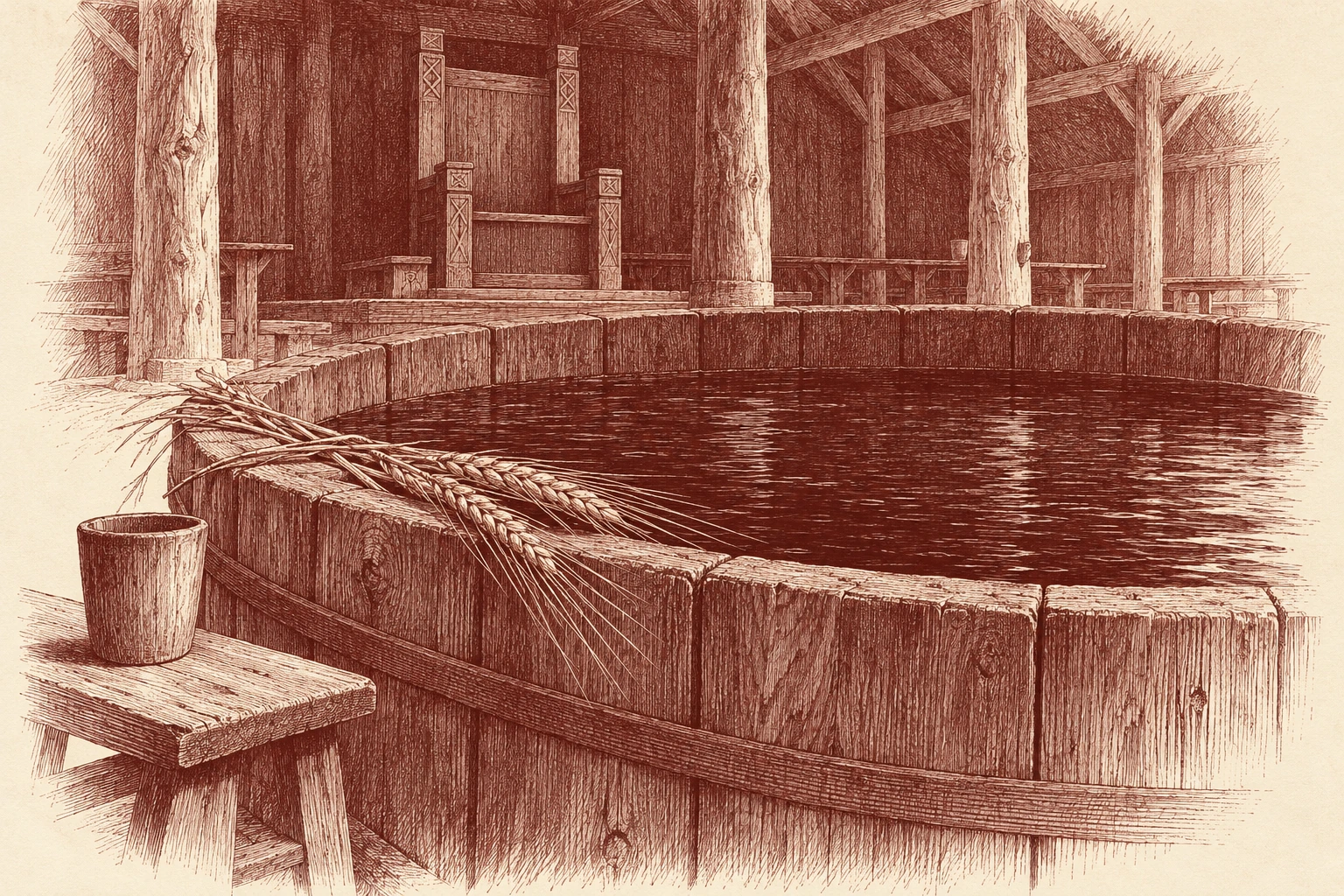 Barley laid across the rim of a great wooden brewing vat; a drinking cup stands nearby and an empty high seat waits in the timber hall behind, drawn in brick-red ink on cream.