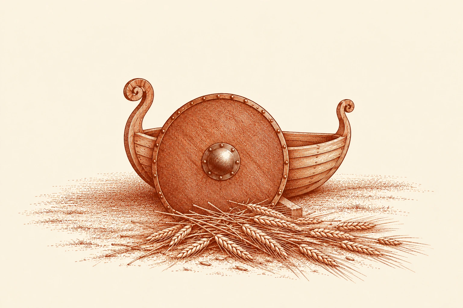 Loose barley lies at the base of a leather-faced round shield, with a central boss and simple rim, leaning against a small wooden model ship