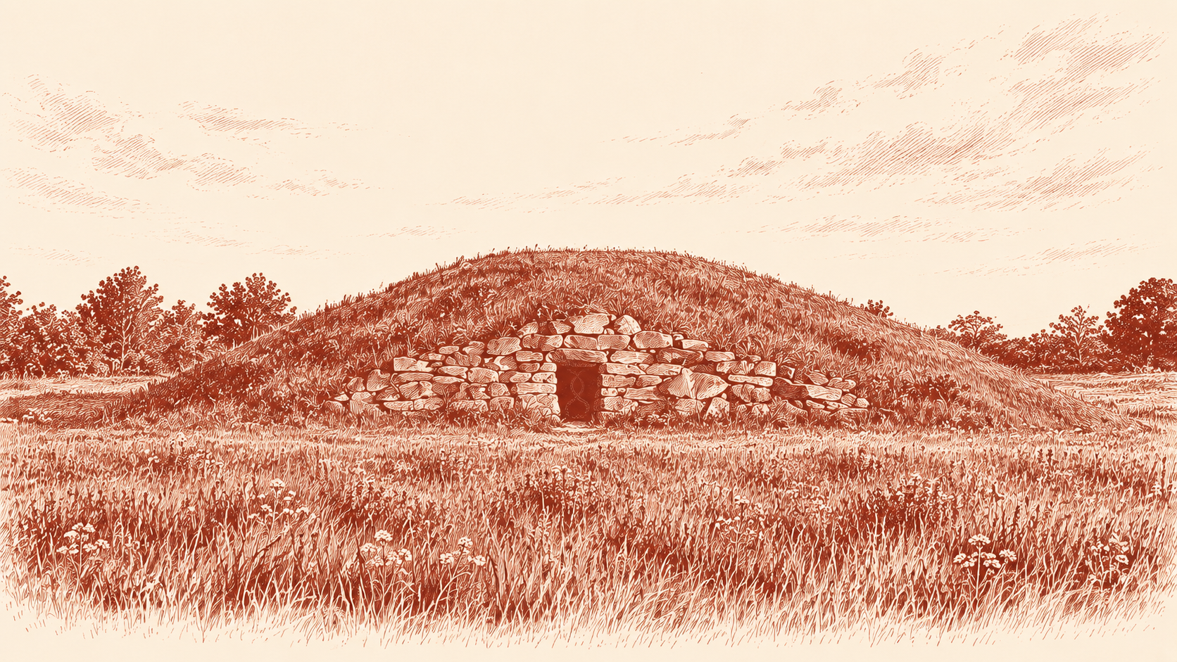A grass-covered mound with a stone entrance among fields and trees in daylight, drawn in brick-red ink on cream.