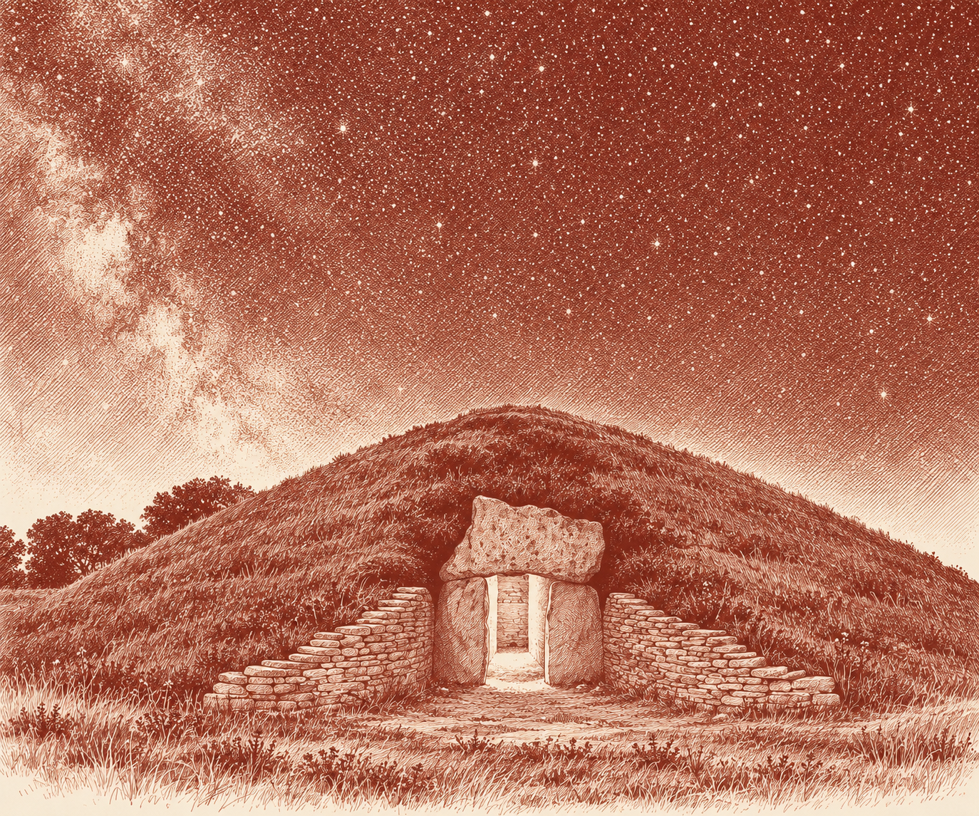 An illuminated stone doorway opens into a grass-covered mound beneath a star-filled night sky, drawn in brick-red ink on cream.