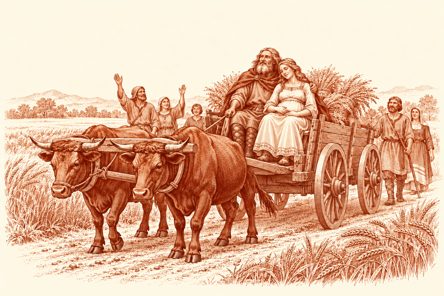 A pair of horned cattle draws a wooden wagon carrying a bearded man and a pregnant woman, accompanied by welcoming villagers, in brick-red ink on cream.