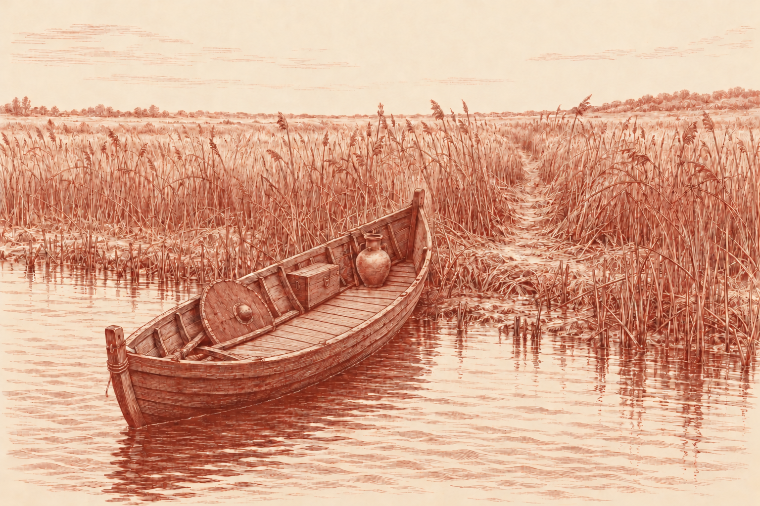 An empty wooden boat rests at a reedy marsh shore, seen from the water; a primitive chest, shield, vessel, and oar remain aboard, while a narrow trail leads into the reeds. Brick-red engraving on cream.