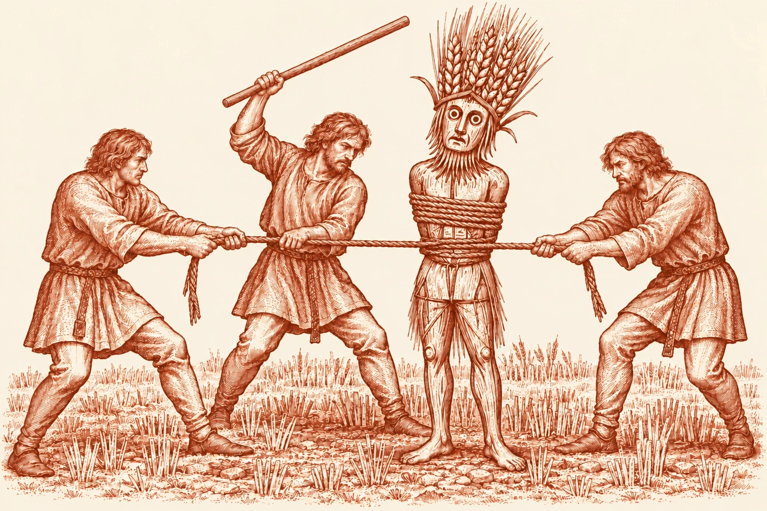 Brick-red engraving of Béowa with a carved mask-like face and a crown of barley. Two men pull his binding ropes while a third raises a wooden staff.