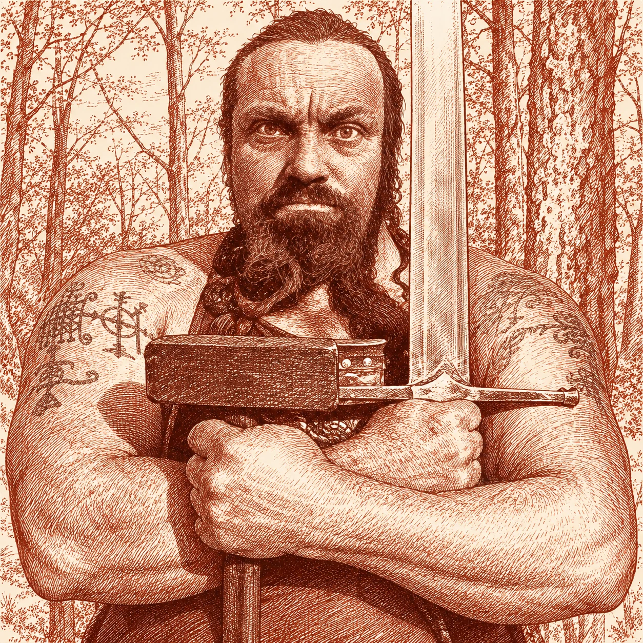 Little John, bearded and bare-chested, holding his smithing tools; a brick-red engraving after his photograph